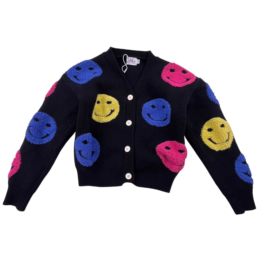 Lola + The Boys Kids Black Smiley Face Button Front Knit Cardigan Sweater Size 6